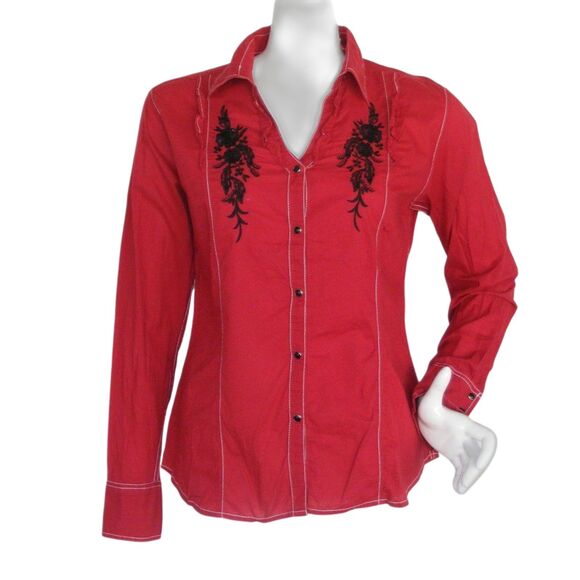 Vintage Tops - PANHANDLE SLIM Embroidered Blouse, M, Red, Snap front, Long sleeves